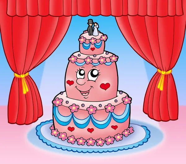 Cartoon wedding cake with curtains — Stock Photo, Image