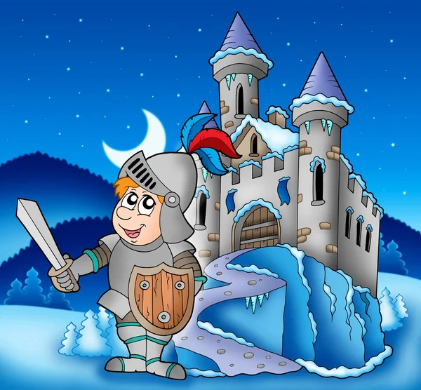 Zamek i rycerz w krajobraz zimowy — Zdjęcie stockowe