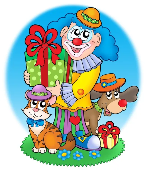 Cirkusu klaun s domácími mazlíčky — Stock fotografie