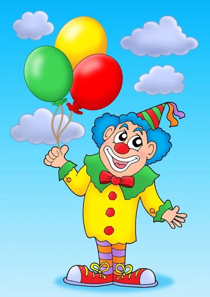 Palhaço com balões no céu azul — Fotografia de Stock
