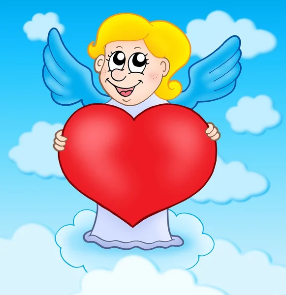 Cupid bedrijf hart op sky — Stockfoto