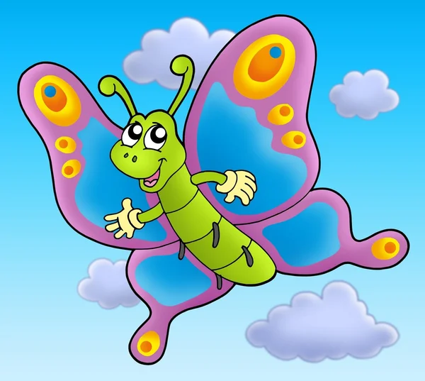 Cute cartoon butterfly on sky — Stock Photo, Image