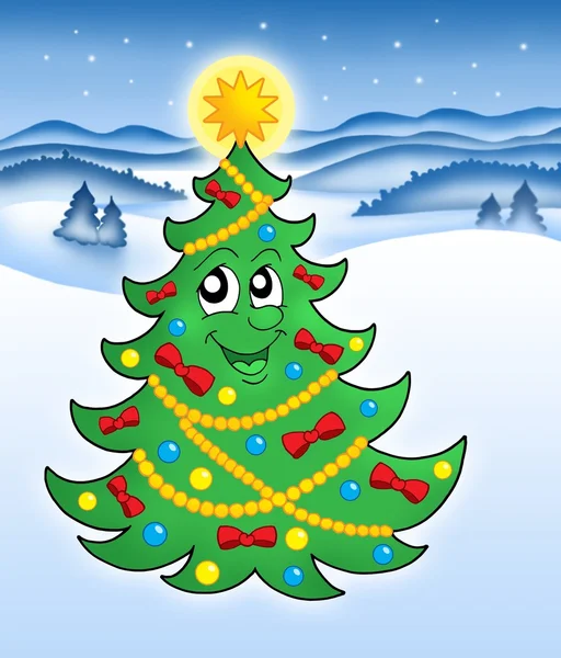 Karlı manzara sevimli Noel ağacı — Stok fotoğraf