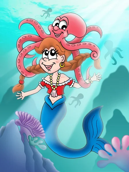 Cute mermaid with octopus — Stock Photo, Image