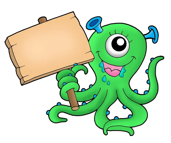 Cute monster with wooden sign — Stock Photo, Image