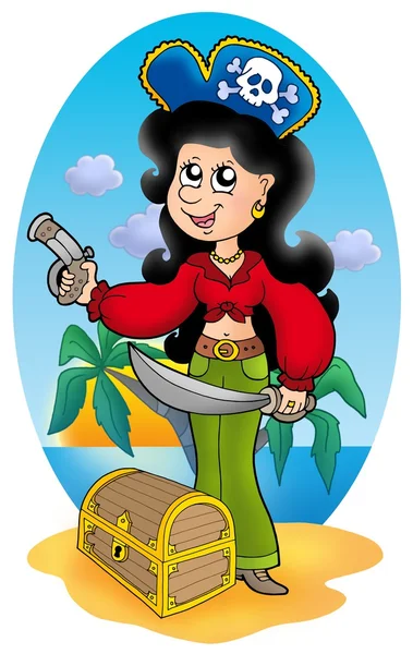 Cute pirate girl with treasure chest — Stock Photo, Image