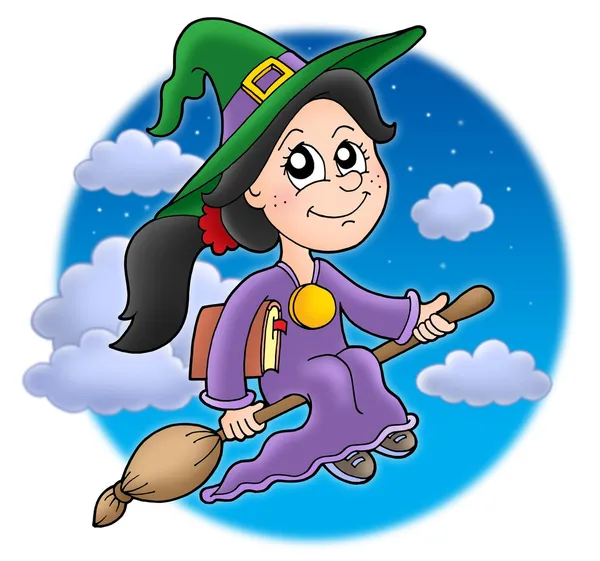 Cute witch on broom — Stock Photo, Image