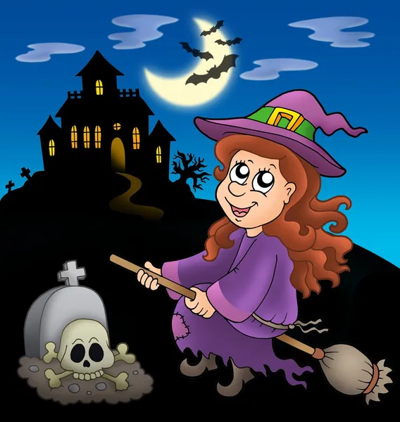 Cute witch on broom with mansion — Stock Photo, Image