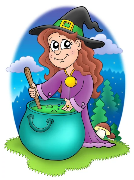 Cute witch with kettle — Stock Photo, Image