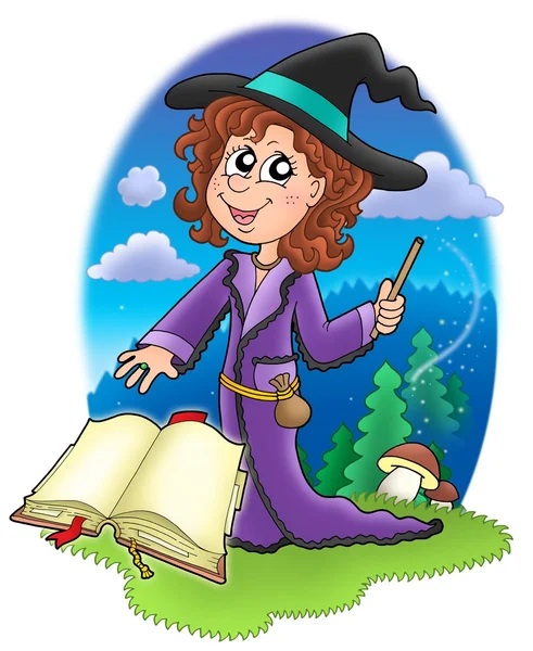 Cute witch with wand and book — Stock Photo, Image