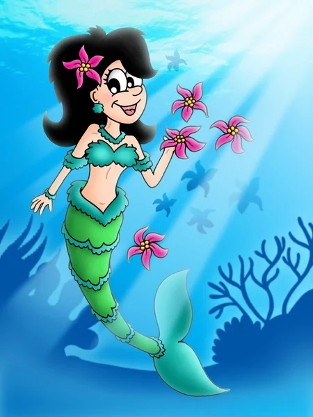 Dark hair mermaid with flowers — Stock Photo, Image