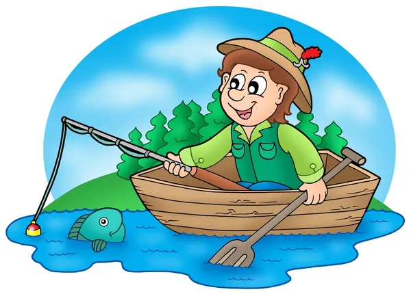 Fisherman in boat with trees — Stock Photo, Image