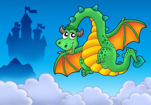 Dragon vert volant avec château — Photo