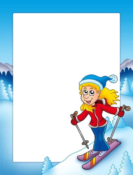 Frame met cartoon skiën vrouw — Stockfoto