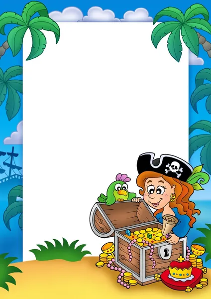 Frame with pirate girl and treasure — Stock Photo, Image