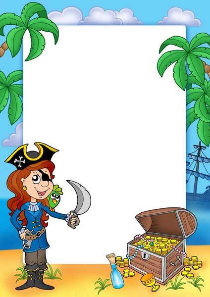 Frame with pirate girl and treasure 2 — Stock Photo, Image