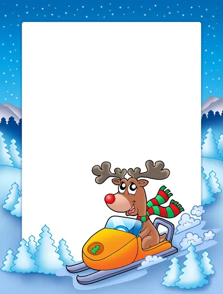 Frame with reindeer riding scooter — Stock Photo, Image