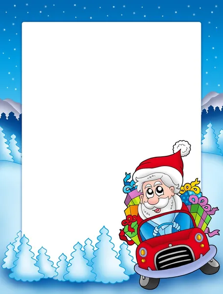 帧与圣诞老人驾驶的车 — 图库照片