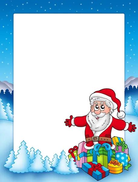 Moldura com Papai Noel e pilha de presentes — Fotografia de Stock
