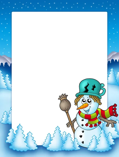 Quadro com boneco de neve e árvores — Fotografia de Stock