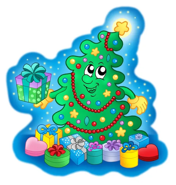 Šťastné vánoční strom na modré obloze — Stock fotografie