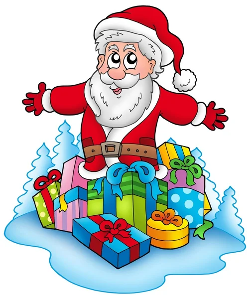 Happy Santa Claus with pile of gifts — Stock Photo, Image