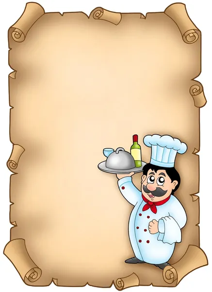 Šéfkuchař hospodářství jídlo na pergamenu — Stock fotografie