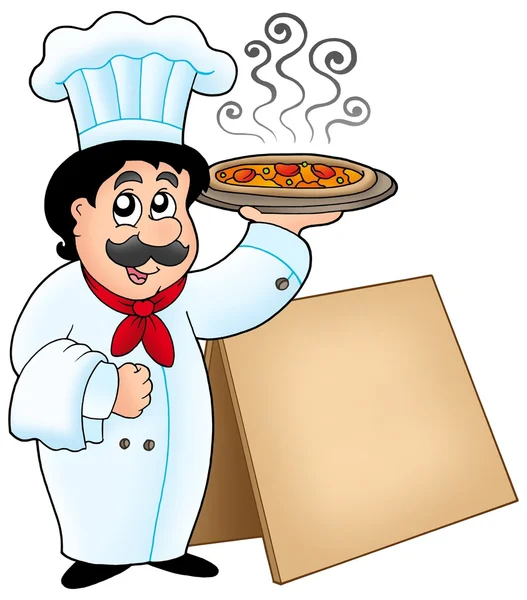 Koch hält Pizza mit Tisch — Stockfoto