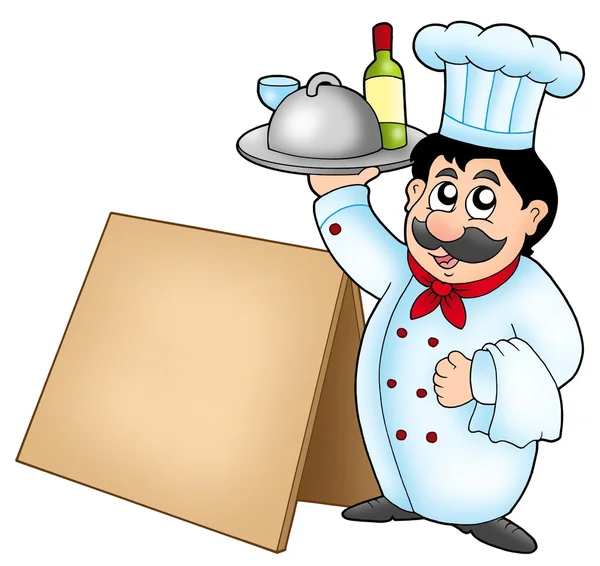 Szef kuchni trzymając posiłek z drewnianym stołem — Zdjęcie stockowe