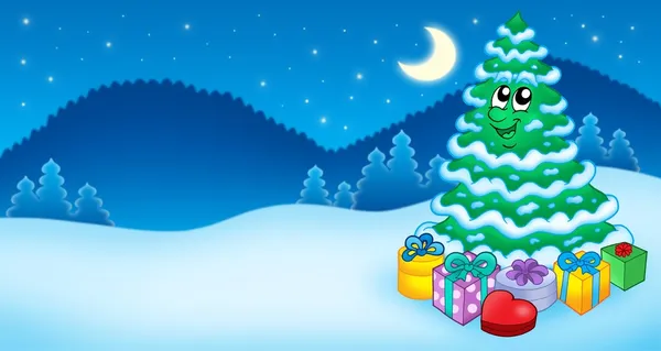 Tarjeta de Navidad con árbol y regalos — Foto de Stock