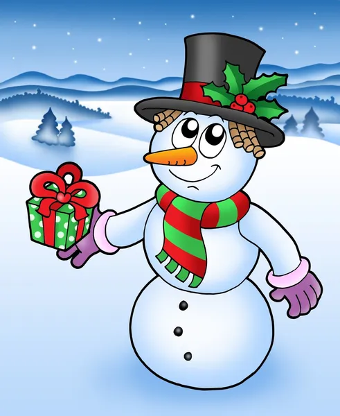 Christmas snowman in besneeuwde landschap — Stockfoto
