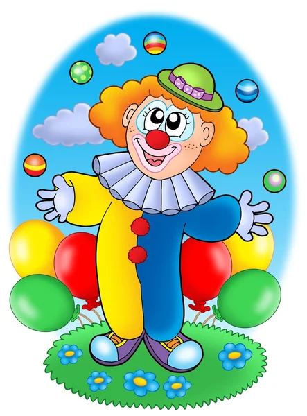 Жонглирующий клоун с воздушными шарами — стоковое фото