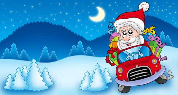 Landscape with Santa Claus driving car — Stock Photo, Image