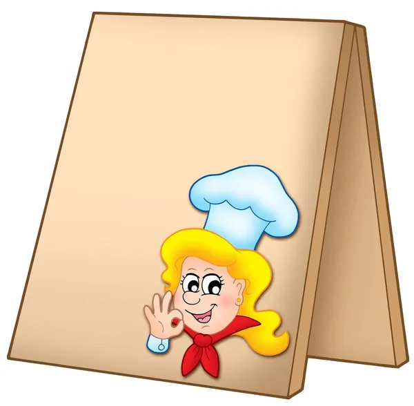 Menu bord met cartoon chef-kok vrouw — Stockfoto