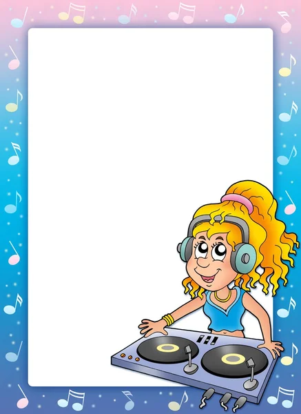 Cornice musicale con cartone animato ragazza DJ — Foto Stock