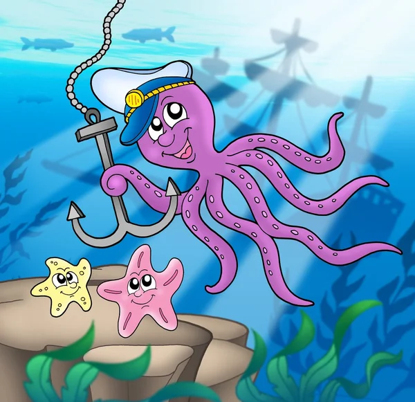 Octopus with anchor and starfishes — Stock Photo, Image