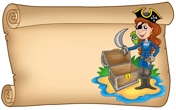 Старый свиток с девушкой-пиратом — стоковое фото