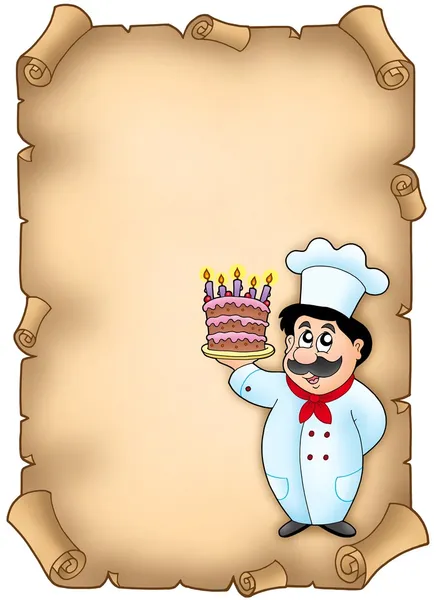 Περγαμηνή με σεφ που κρατά το κέικ — Φωτογραφία Αρχείου
