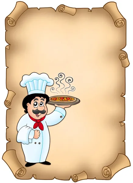 Parchment with chef holding pizza — Stock Photo, Image