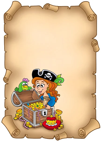 Pergaminho com menina pirata e tesouro — Fotografia de Stock