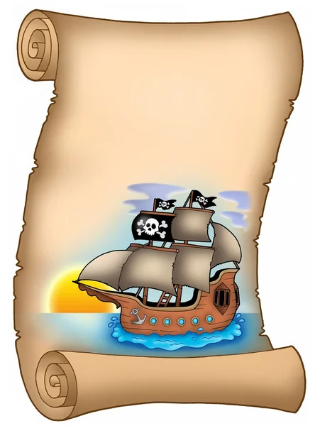 Пергамент с пиратским кораблем — стоковое фото