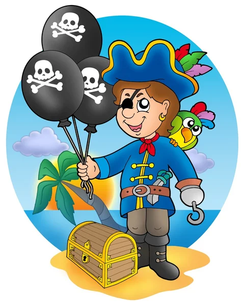 Pirate boy with balloons on beach — Stock Photo, Image