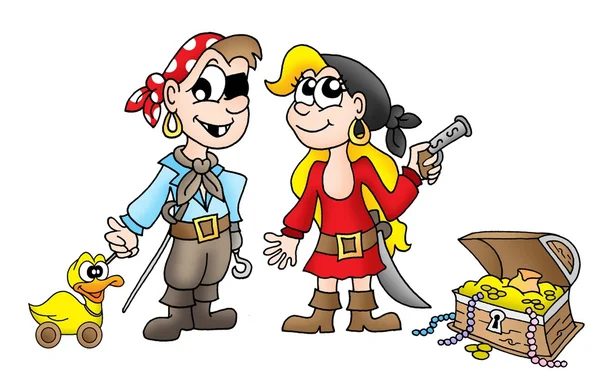 Пиратские дети с уткой и сокровищами — стоковое фото