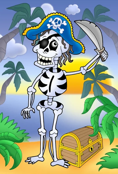 Pirate skeleton with sabre and treasure — Stock Photo, Image