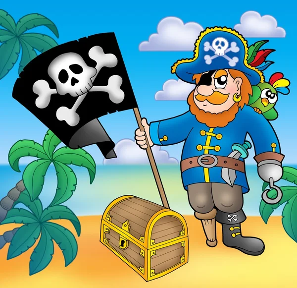 Piraat met vlag op strand — Stockfoto