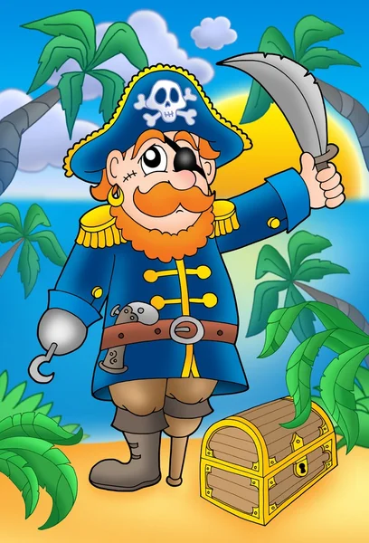 Pirat z szablą i skarb klatki piersiowej — Zdjęcie stockowe