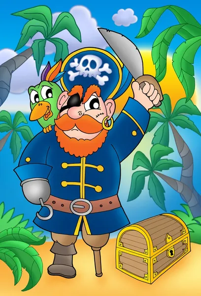 Pirate with parrot and treasure chest — Stock Photo, Image