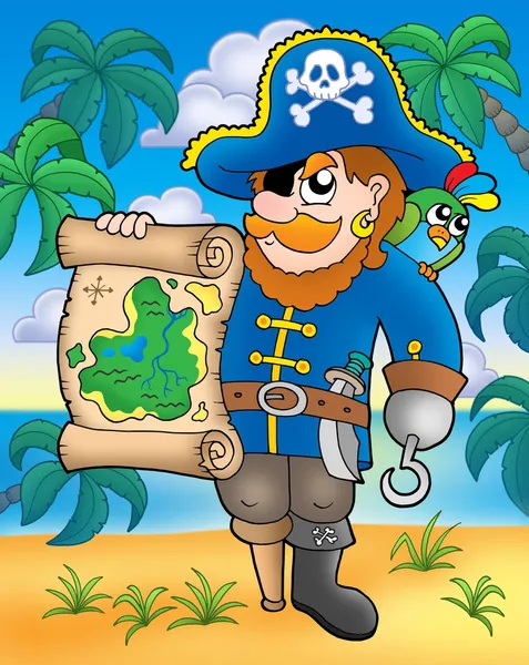Pirate with treasure map on beach — Stock Photo, Image