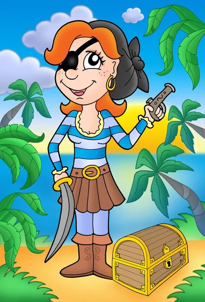 Pirate woman with pistol and treasure — Stock Photo, Image