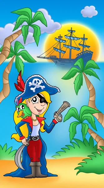 Pirate woman with parrot and boat — Stock Photo, Image